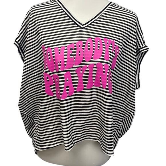 Hand Printed Upcycled Womens Small Somebody's Praying Striped Hi Low Blouse Top - Picture 1 of 5